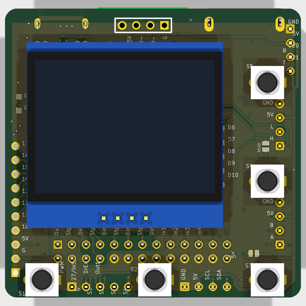 ncBrain controller board, top view with OLED and pendant buttons